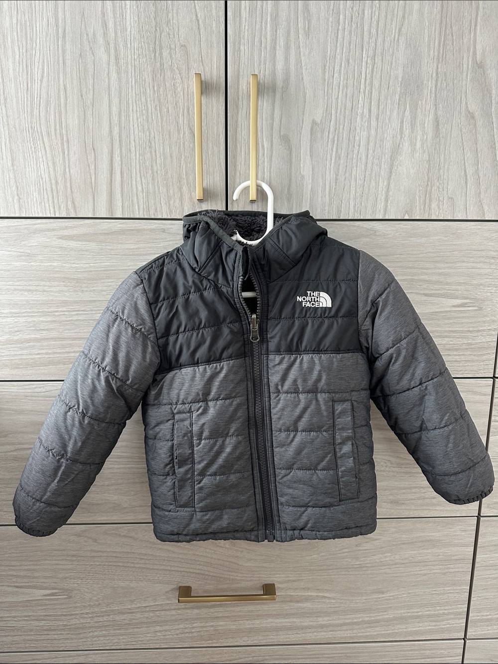 The North Face Reversible Kids' Quilted Hooded Jacket - Charcoal and Black
